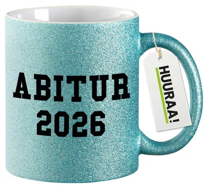 Produktbild von Huuraa Glitzertasse Abitur 2026 ABI 330ml Blau Keramik Kaffeebecher Geschenkidee