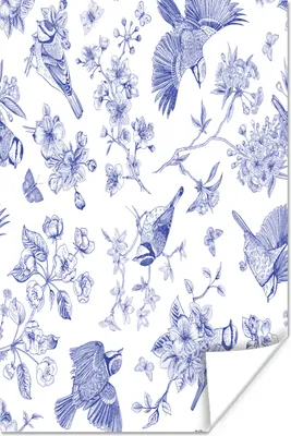 Produktbild von MuchoWow® Poster Blumen - Vögel - Blau 80x120 cm - Papierdruck
