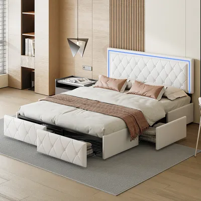 Produktbild von Polsterbett LED-Beleuchtung, mit Kopfteil und 4 Schubladen,Doppelbett 160x200cm Stauraumbetten Bettgestell, Lattenrost aus Holz, Beige