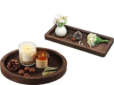 Produktbild von 2er-Set Dekotabletts aus Holz, Schmuck- und Ablagetablett, rund & rechteckig, stilvoll für Wohnzimmer oder Schlafzimmer