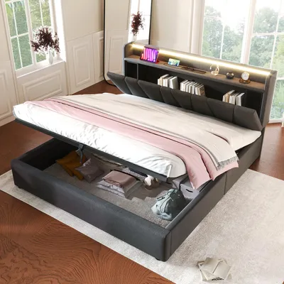 Produktbild von Odikalo Polsterbett 160x200,Doppelbett mit aufladen USB Bett mit Stauraum, Kopfteil+LED,Doppelbett Bettgestell/ Lattenrost, Grau, Ohne Matratze