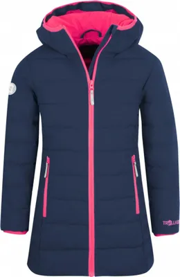 A navy blue winter jacket for children with pink accents.