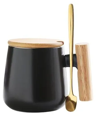 Productafbeelding van Omgoods - 350ml Keramische Koffiemok met Houten Deksel en Lepel