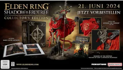 Promotional image for Elden Ring: Shadow of the Erdtree Collector's Edition, showing the statue, artbook, and other included items.