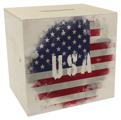 Produktbild von Spardose aus Holz mit amerikanischer Flagge im Used-Look.