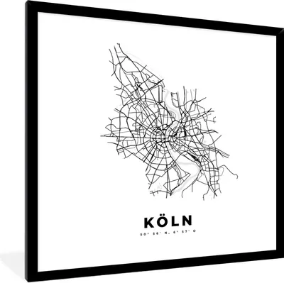 Produktbild von MuchoWow® Gerahmtes Poster Karte - Köln - Schwarz-Weiß - Stadtplan 40x40 cm - Poster mit Schwarzem Bilderrahmen Wandposter Rahmen Foto Bilder - Mit Rahmen - Wanddekoration Schlafzimmer