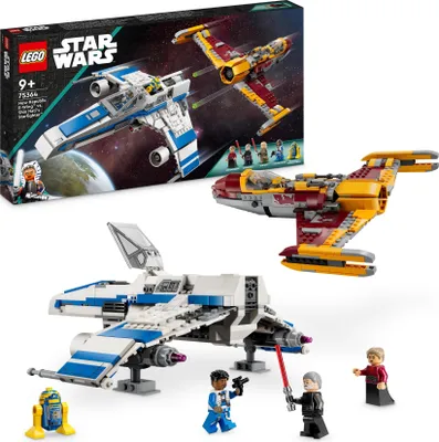 Produktbild von LEGO Star Wars New Republic E-Wing vs. Shin Hatis Starfighter (Ahsoka-Serie), 75364. Bauspielzeug-Set mit 1.056 Teilen, 2 Fahrzeugen, Droidenfigur, 4 Minifiguren und 2 Lichtschwertern. Maße: 10 cm hoch, 27 cm lang, 24 cm breit. Für Kinder ab 9 Jahren zum Bauen und Spielen. Mit einziehbarem Fahrwerk, Staufächern für Lichtschwerter und LEGO Builder App.