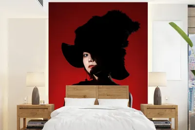 Produktbild von MuchoWow® Fototapete für Wohnzimmer oder Schlafzimmer Wandtapete Vinyl Motivtapete Rot - Frau - Schwarz - Porträt - 165x220 cm - Wanddekorationen