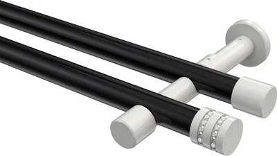 Produktbild von Interdeco Gardinenstange / Vorhangstange Schwarz / Weiß, Typ Prestige Estana (Glitzerkappe) ohne Ringe, 20 mm Ø 2-läufig, 160 cm