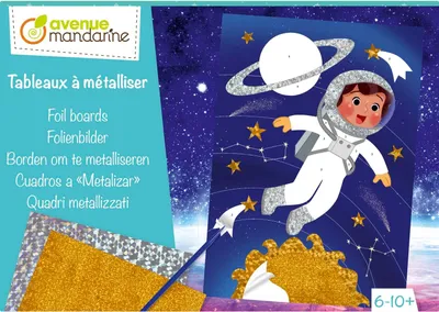 Produktbild von My Mandarine KC148C - Kreativbox Folienbilder, 4 Bilder 21x15 cm zum Verzieren, 5 Metallfolien, ab 6 Jahren, Weltraum/Astronaut, 1 Box