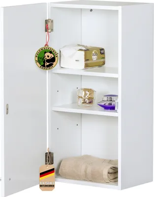 A white bathroom cabinet with its door open, showing shelves with various items.