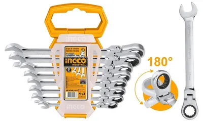 Obrázok produktu pre Sada kombinovaných očko-plochých kľúčov s račňou a kĺbom 8ks Ingco