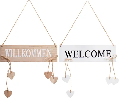 Produktbild von com-four® 2x Türanhänger "Willkommen" und "Welcome" mit hängenden Herzen - Türschilder aus Holz zum Aufhängen - Aufhänger zur Frühlingszeit, Ostern und Sommer - Holz-Deko-Schild
