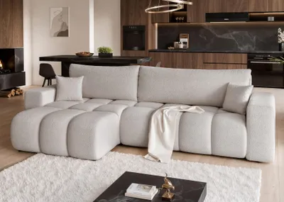 Image de Idohome - Canapé d'angle "Bubble" OFI XL en tissu bouclé, avec fonction couchage et coffre de rangement, canapé pour salon - Couleur : Gris Centaur 14