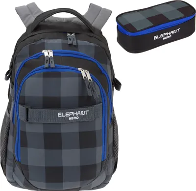 Produktbild von Schulrucksack Set 2 Teile Elephant Hero Signature Rucksack Schultasche Jungen Mäppchen Box 12609 Plaid Blau Schwarz r mb