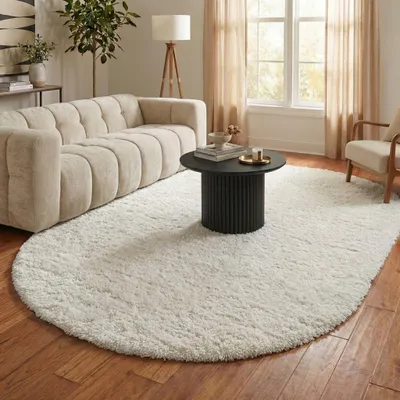 Produktbild von Volero - Shaggy Teppich Oval - Blaze Weiß - 162x232cm - Wohnzimmer, Esszimmer, Schlafzimmer - Boho, Industrielle, Ländlich, Modern, Skandinavisch