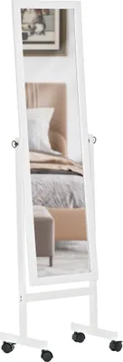 A white floor mirror with wheels, reflecting a bedroom scene.