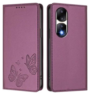Obrázek produktu pro Kožené pouzdro pro Honor 90 Pro, motýlí ražbou, peněženkové flip pouzdro se stojánkem Fialová