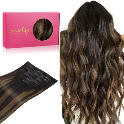 Obrázek produktu pro Clip-in prodlužovací vlasy, přírodní vlasy, délka 55 cm, hmotnost 120 g, 7 kusů, technika balayage, barva černá a hnědá, typ Remy