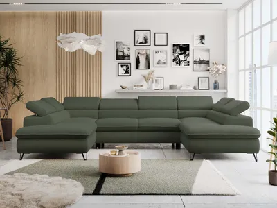 Produktbild von Ecksofa mit  Schlaffunktion, Bettkasten, U-form, einstellbare Kopfstützen, Wohnzimmersofa - PETER U - Boucle - Grün