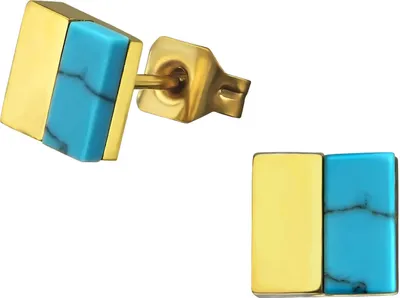 Produktbild von Ohrringe Ohrstecker 316L Chirurgenstahl Quadrat mit Türkis-Imitat Farbe - Goldfarben
