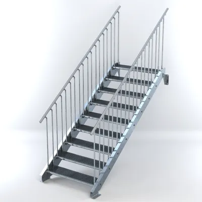 Produktbild von Stahltreppe 9 Stufen bis Höhe 180 cm, Laufbreite : 100 cm beidseitiges Geländer ST 3 (31 / 9 mm schmal)