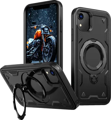 Produktbild von Dual Layer Hülle für iPhone XR mit Ring Ständer Magnetisch Stoßfest Handyhülle Schwarz