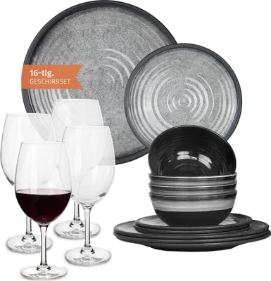 Produktbild von Melamin Camping Geschirr Set 4 Personen Stone Grey + 4 Tiamo Rotwein Gläser Rot Weingläser Tafelgeschirr Picknick BBQ Kochgeschirr