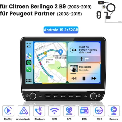 Obrázek produktu pro Autorádio Hexinex Android 15 pro Citroën Berlingo 2 B9 / Peugeot Partner (2008–2019) 32 GB, 4 jádra, Wi-Fi, bezdrátové CarPlay, DAB