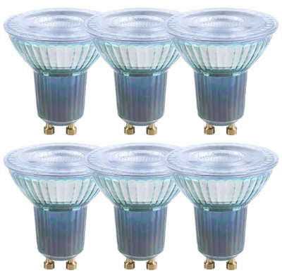 Imagen del producto de 6 bombillas LED de alta calidad, con reflector de vidrio, 9,6W, casquillo GU10, 750 lúmenes, luz diurna (865), 6500K, blanco frío, ángulo de iluminación de 36°