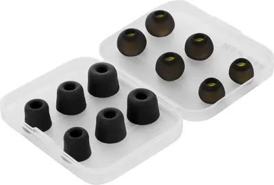 Two open plastic cases containing different types of earbud tips.
