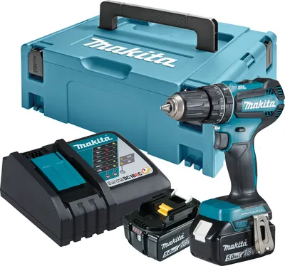 Produktbild von Makita Akku-Schlagbohrschrauber 18V / 5,0 Ah, 2 Akkus + Ladegerät im MAKPAC DHP485RTJ