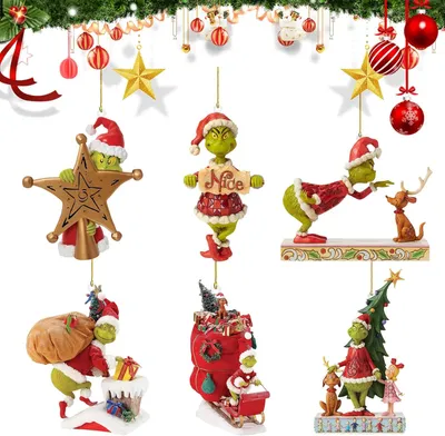 A collage of various Grinch-themed Christmas ornaments.