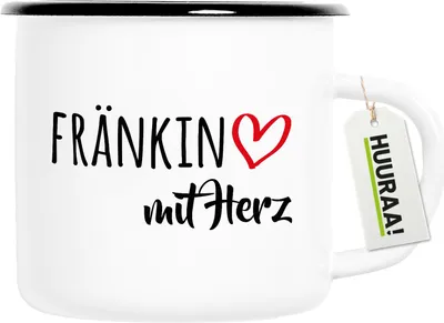Produktbild von Huuraa Emaille Tasse Fränkin mit Herz 300ml Vintage Campingbecher Geschenkidee