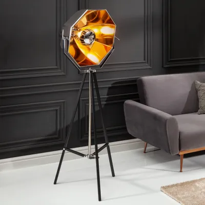 Obrázek produktu pro Industriální stojací lampa BIG STUDIO 160cm černá zlatá naklápěcí látkové stínidlo