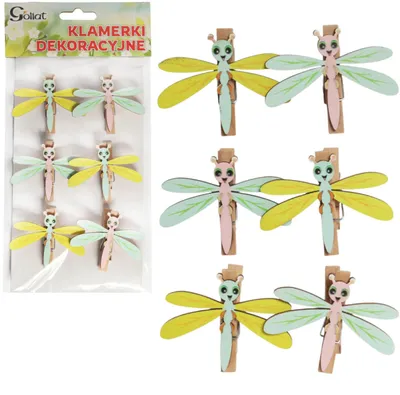 Productafbeelding van Kleine houten clips met libellenmotief, 6 stuks.