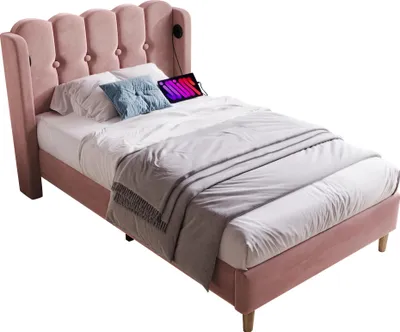 Productafbeelding van Boxspringbed 90x200 cm, roze fluweel, met USB-C oplaadfunctie en lattenbodem, voor de slaapkamer
