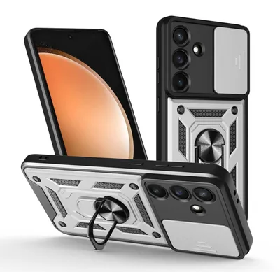 Productafbeelding van MobyDefend Hoesje - Geschikt voor Samsung Galaxy S25 FE  -  Pantsercase Met Draaibare Ring - Zilvergrijs