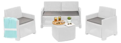 Produktbild von Outdoor-Lounge-Set Dbalestrer, Gartenkomposition mit 2 Sesseln, 1 Sofa und 1 Aufbewahrungstisch, Rattan-Effekt mit Kissen, 100 %  Italy, Weiß