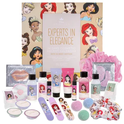 A collection of Disney Princess themed bath and body products arranged around a large advent calendar box.