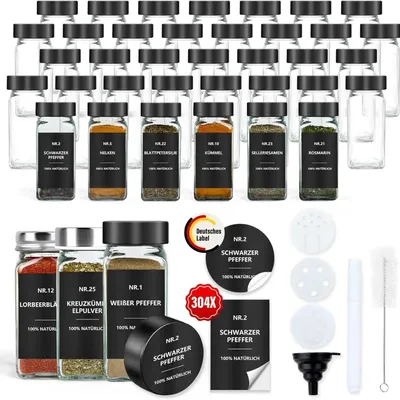Obrázok produktu pre Sada nádob na korenie – plastové nádoby na korenie – 36-dielna – hranatá – čierne viečka – štítky – silikónový lievik – čistiaca kefa – priehľadná
