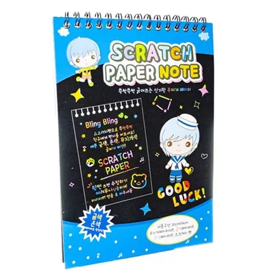 A spiral-bound scratch paper note pad with cartoon characters and text.