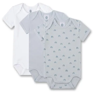 Productafbeelding van Sanetta jongensbody, korte mouwen, blauw, met regenboogprint | 3-delige set babybodies