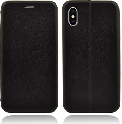 A black leather flip case for a smartphone is shown from two angles.