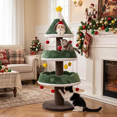 Produktbild von COSTWAY 143cm Kratzbaum im Weihnachtsbaum-Design, Katzenbaum mit Höhle, Kratzsäulen, Stern-Deko, Plüschbällen, breiter Sockel & verstärkte Stämme