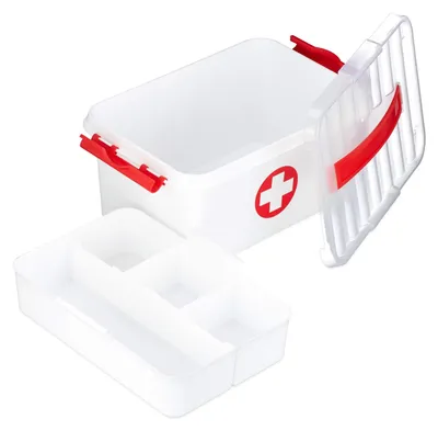 Image de Boîte de premiers secours - Trousse de secours - Boîte à médicaments - 5 compartiments - 21 x 30 x 14,5 cm - Blanc et rouge
