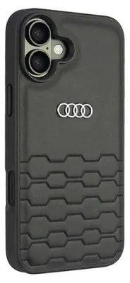 A black phone case with the Audi logo on it.
