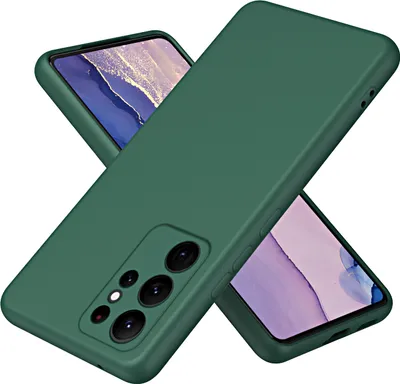 A green phone case is shown diagonally across the image, with two phones partially visible underneath.
