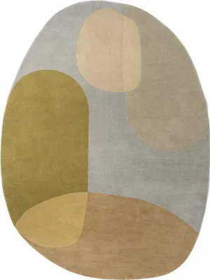 An abstractly patterned rug on a white background.