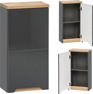 A collage of images showing a gray cabinet with a wooden top and base, with one image showing the cabinet closed and two images showing the cabinet open with shelves.